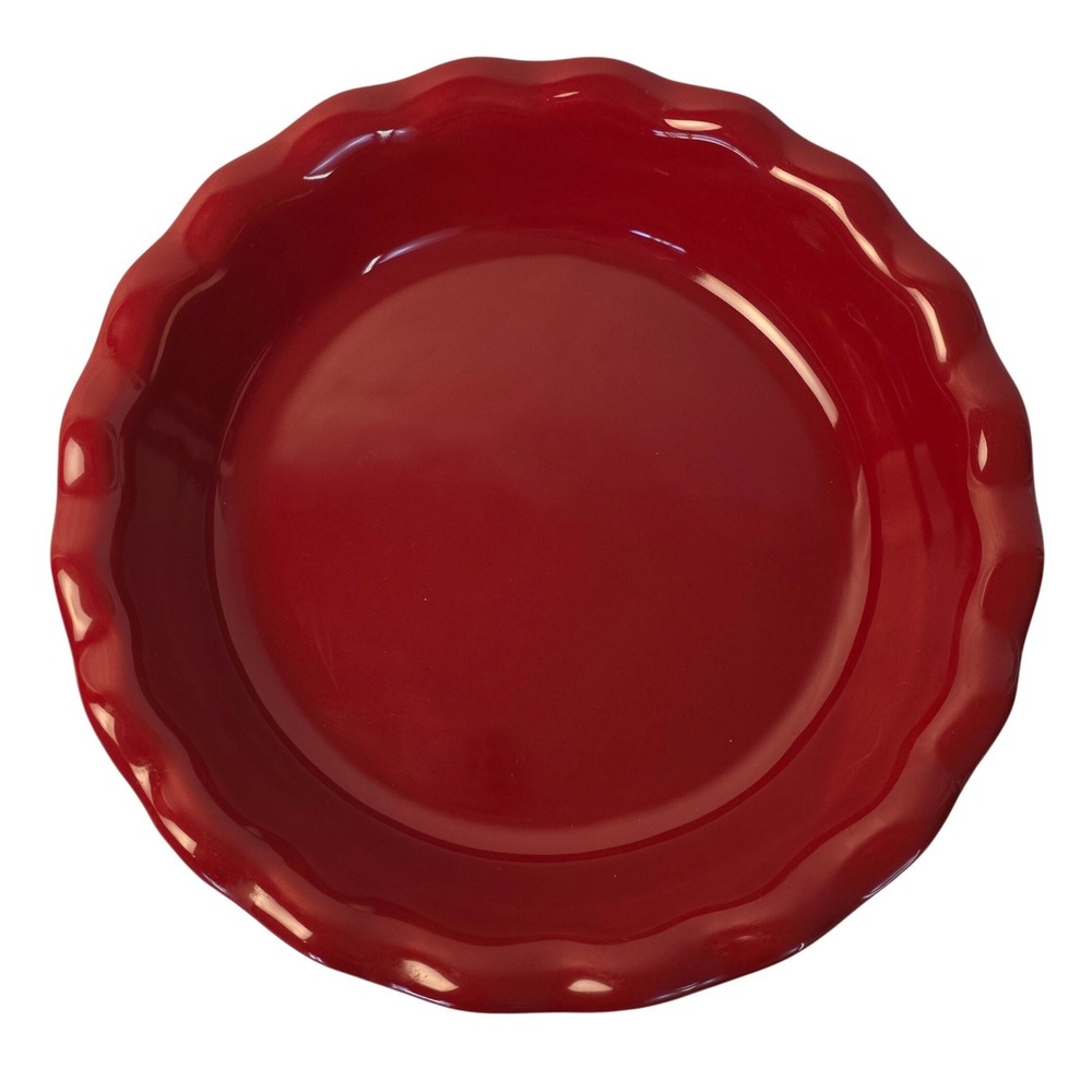 VTG Emile Henry Red Ceramic 10.5" Deep Ruffled Pie Dish Made in France 6181